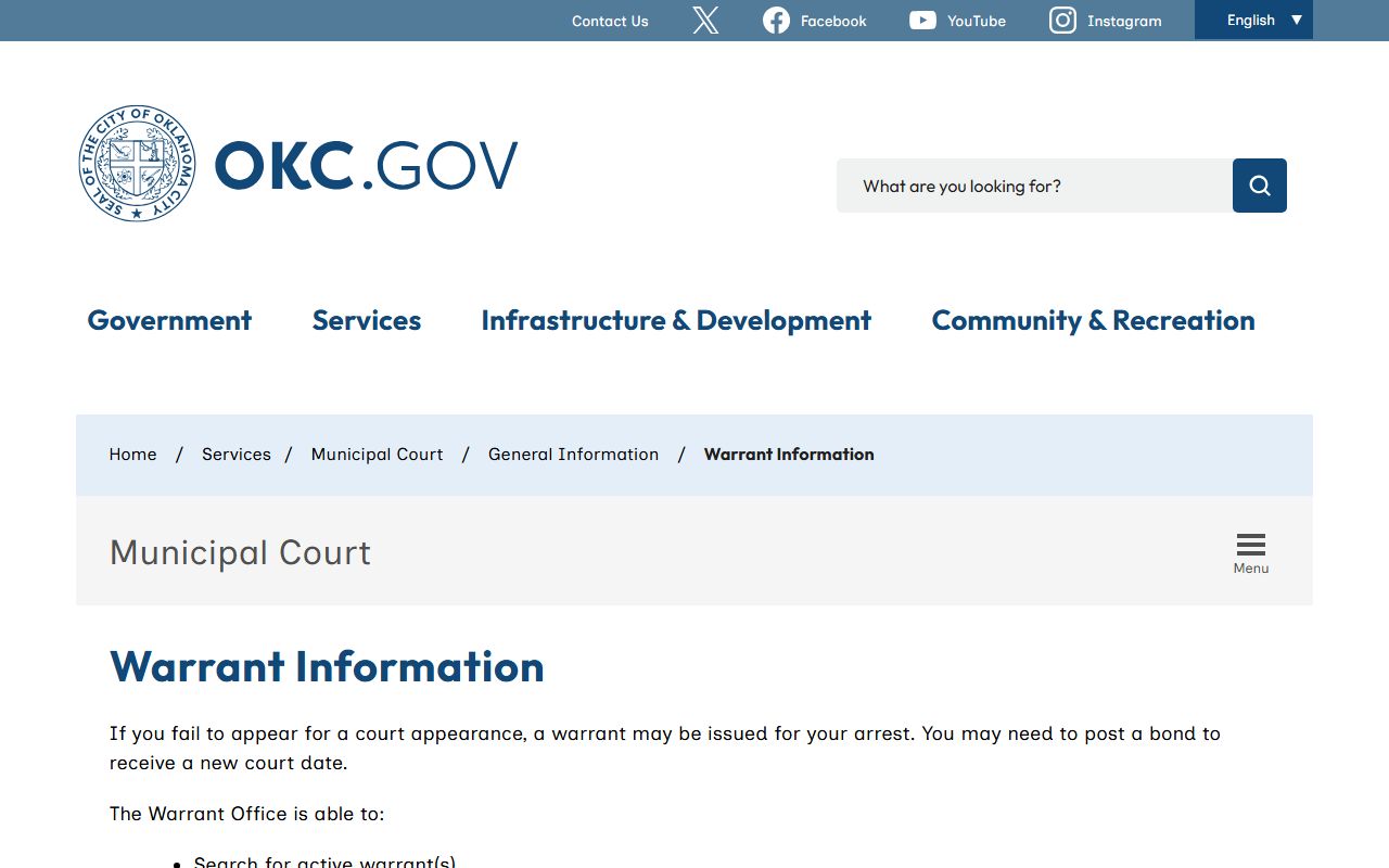 Oklahoma City warrant information page for clearing active warrants