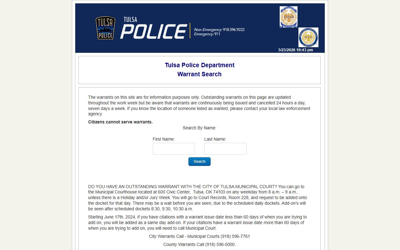 Tulsa Police Department warrant search tool for Tulsa warrant records