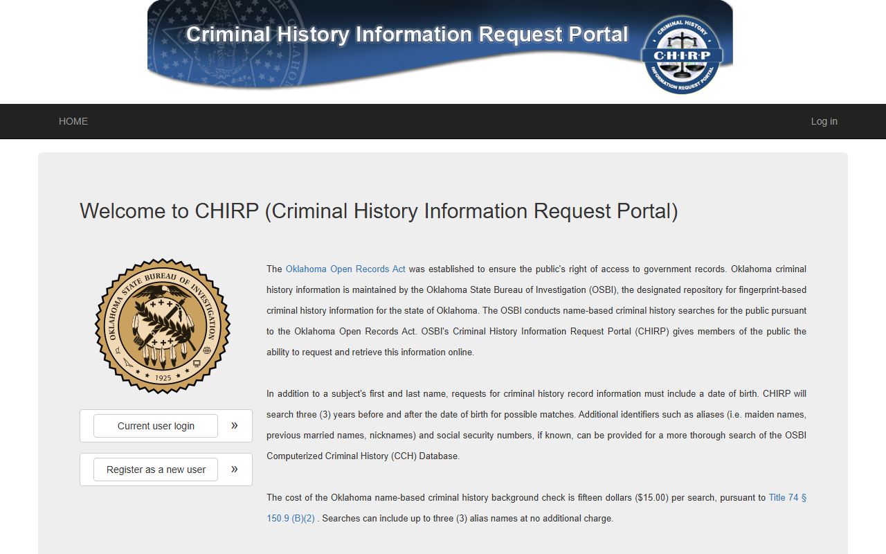Oklahoma OSBI CHIRP criminal history request portal for warrant and arrest record searches
