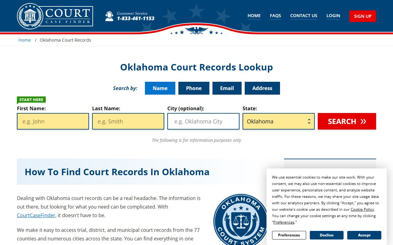 Oklahoma court case finder tool for locating warrant records and court contact information