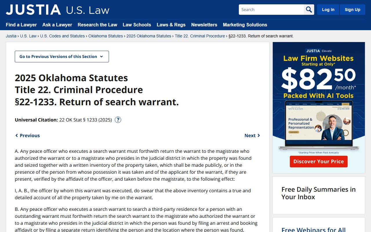 Oklahoma search warrant legal code Section 22-1233 governing return procedures