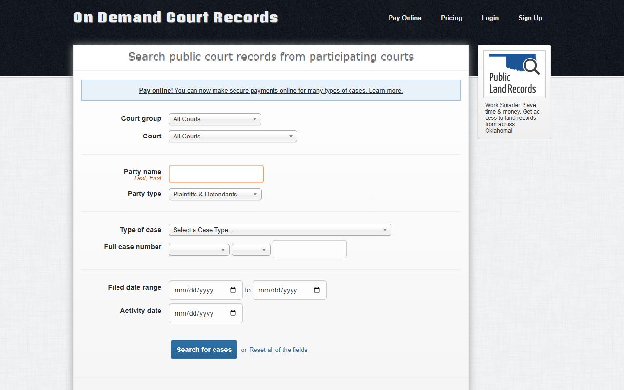Oklahoma On Demand Court Records system for warrant and case searches with online payment