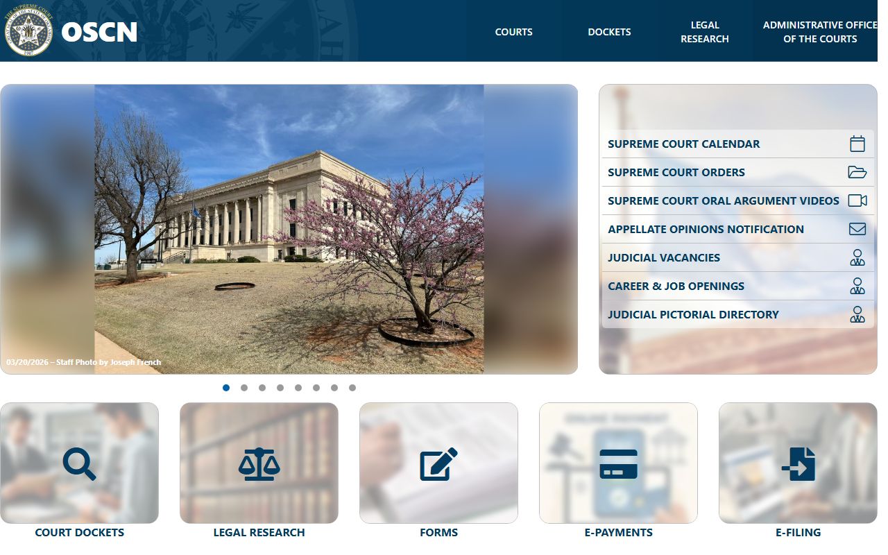 Oklahoma State Courts Network homepage for accessing warrant and court records